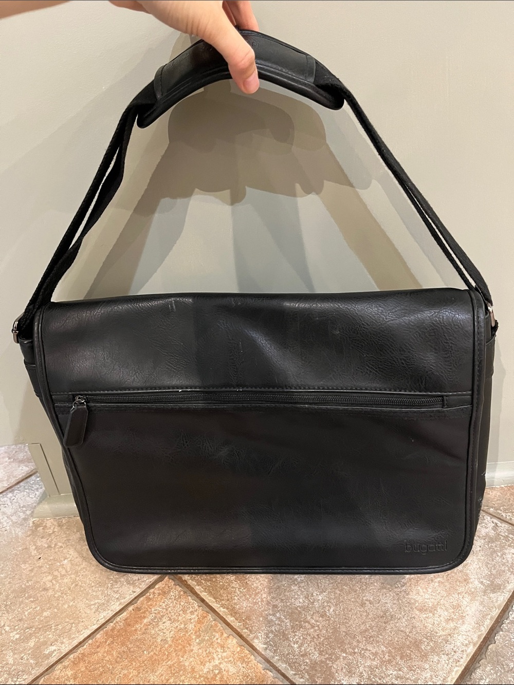 Bugatti Black Leatherette Messenger Bag with Front Zip Pocket